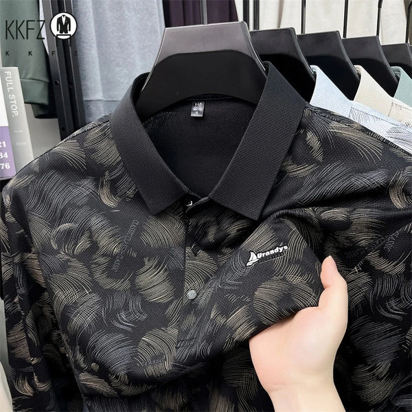 Mens Summer Short Sleeve Polo Top Feather Print Mesh Fabric Turn Down Collar Comfortable Business Casual Shirt