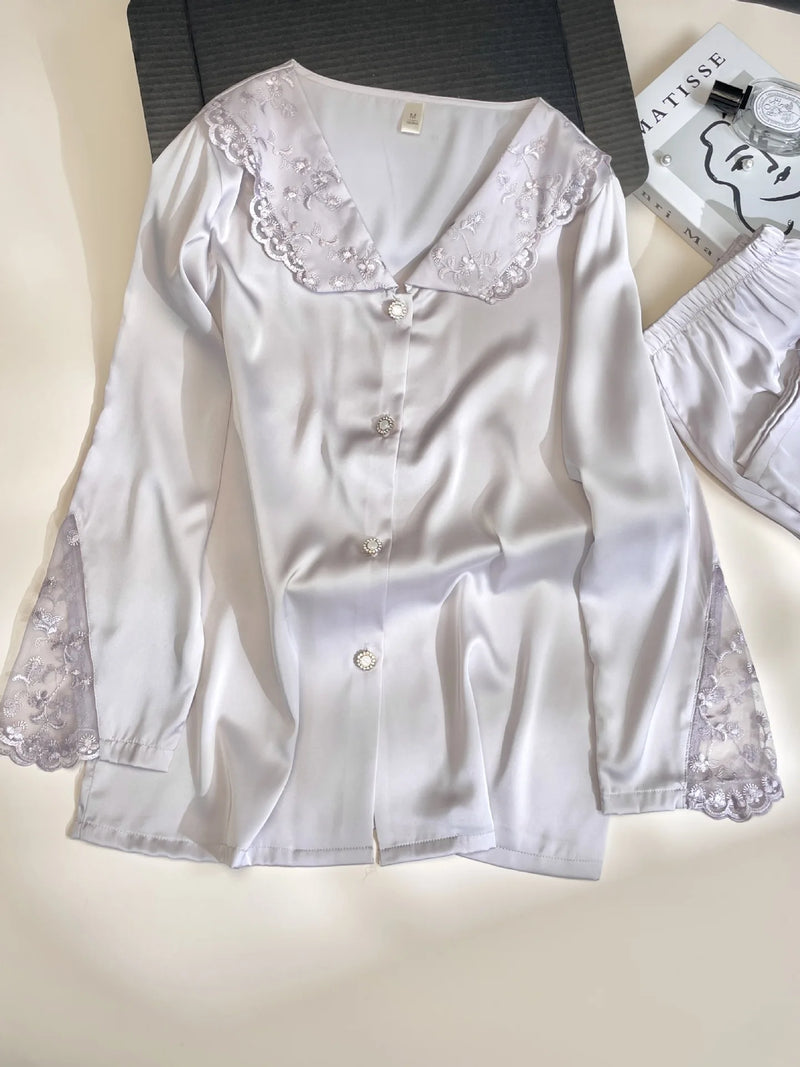 Embroidered Lace Lapel Pajama Sets Ice Silk Long Sleeve Trousers Suit Spring Autumn Women's Sleepwear Pyjama Home Suit For Women