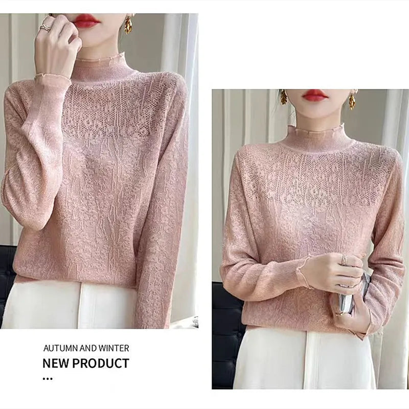 ទាញ Femmes ពាក់កណ្តាល Turtleneck Knitwear កំពូល Elegant Ladies Pullover អាវរដូវស្លឹកឈើជ្រុះរដូវរងា Bottoms ស្លៀកអាវយឺតស្ត្រី Jumper