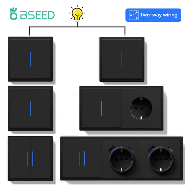 BSEED Button Switch 1/2Gang 2Way With Wall Socket USB Type-C Port Wall Light Switch With LED Indicator Black Color Plastic Frame