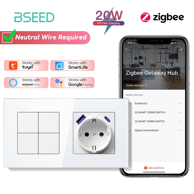BSEED Zigbee Light Switch 1/2/3Gang 2Way Smart Click Button Switch Glass Panel White LED Indicator Tuya Smart Life Alexa Control