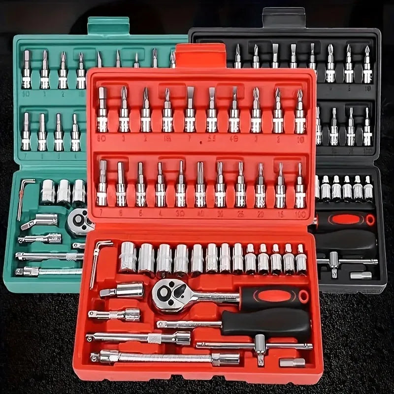 46pcs Toolbox for Car Repair Tool Kit - Including Metric Ratchet, Socket, Wrench Kit For Automotive And Mechanical Repairs.