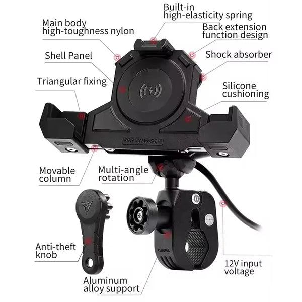 ជើងទ្រទូរសព្ទម៉ូតូ Motowolf រាងត្រីកោណ ដែលអាចស្រូបយកឆក់បាន ជើងទ្រសាកថ្មឥតខ្សែ USB សម្រាប់ម៉ូតូ