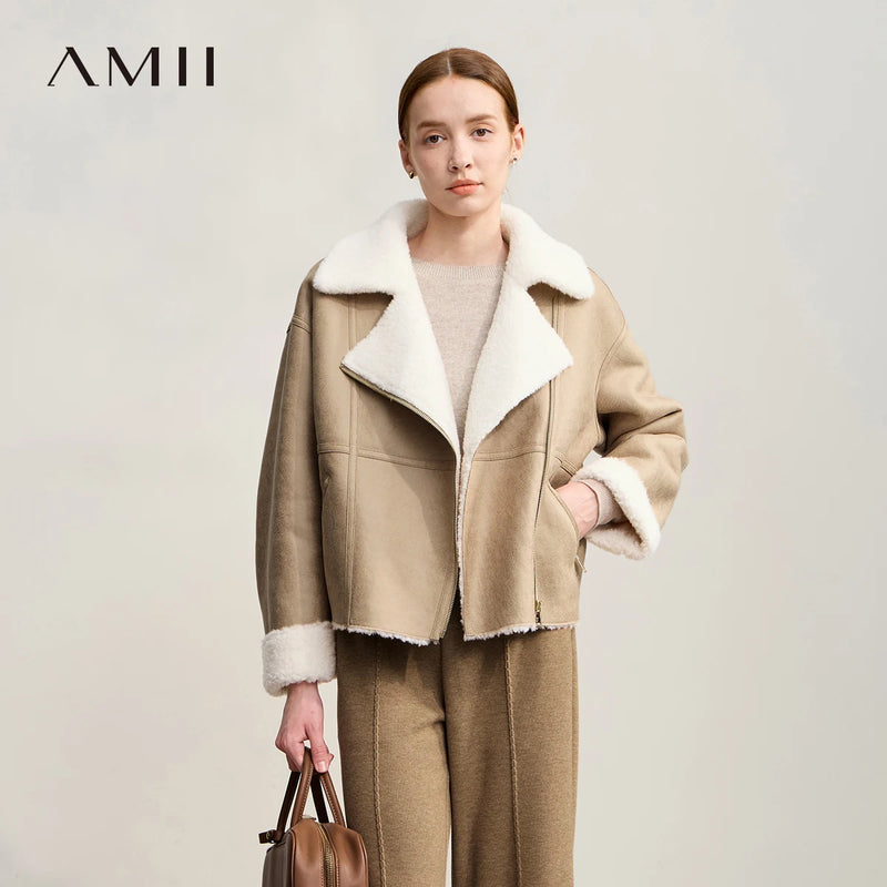 AMII Women's Coat 2026 Winter New Warm All-wool Loose Fur Coats Woman Long Sleeves Zipper Solid Versatile Jacket Top 12554001