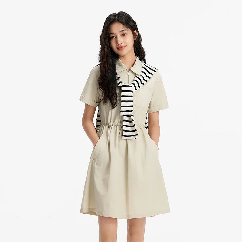 Semir Women Dress Lapel Drawstring Waist UV Protection Cool Texture Cargo Mini 2026 Simple Outdoor Daily Fashion Wear
