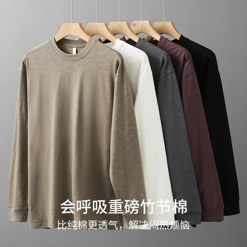 DUKEEN Heavyweight Slub Cotton Long Sleeve T Shirts for Men Spring and Autumn Pure Cotton Breathable Undershirts Men's Clothing