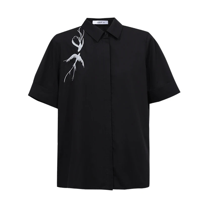 Amii Women's Shirt 2026 Summer New Chinese Embroidery Asymmetric Lapel Women's Cotton Shirt Short Sleeve Casual Tops 12622125