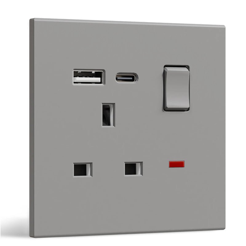 BSEED UK Standard Switched Wall Socket with USB Type-C Port 13A Electric UK Outlet with Switch On Off Integrated Panel Plastic