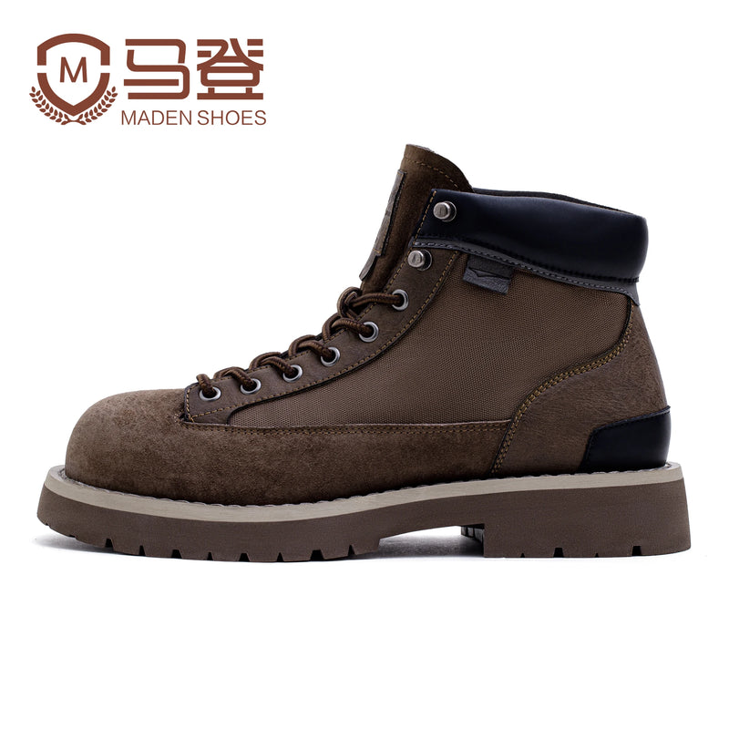Maden Splice Suede Work Boots Men's Vintage Chunky Sole Round Toe Combat Boots Lace-Up Ankle Boots for Desert Hiking & Casual