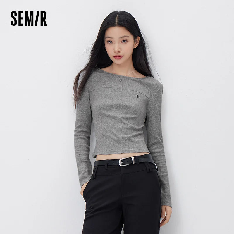 Semir Stylish Tshirt Women 2026 Spring Short Boat Neck Slim Fit Embroidered Inner Layer Unique Design Versatile Top
