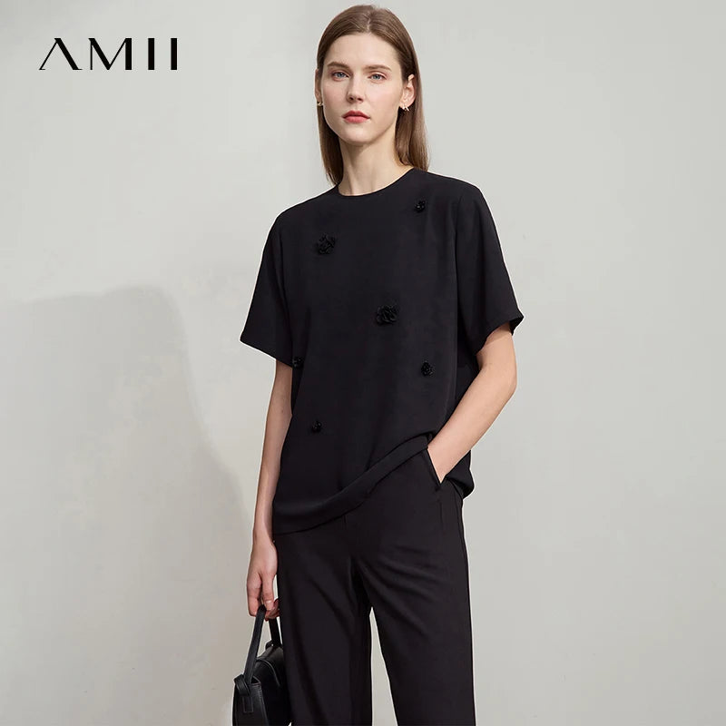អាវធំ Amii សម្រាប់នារី ម៉ូដថ្មី កអាវរាងអក្សរ O រាងផ្កាបីវិមាត្រ ដៃខ្លី រលុង រចនាបទសាមញ្ញ 12552027