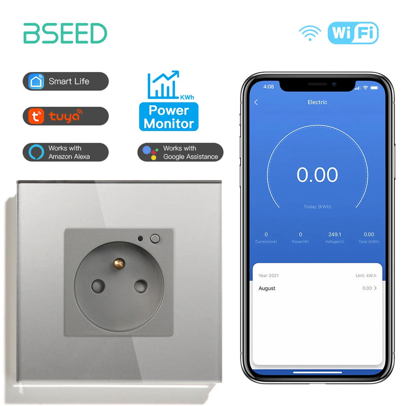 BSEED French Standard Electrical Wifi Smart Socket French Type Power Monitor Timing Function Tuya Alexa Wireless Control 16A