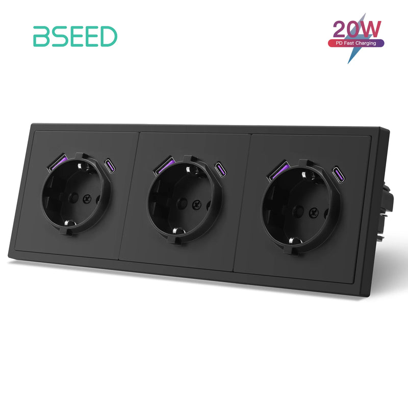 BSEED EU Standard Single Wall Socket 20W Fast Charge USB Type-C Charge Port Double Wall Power Outlets Plastic Frame 16A