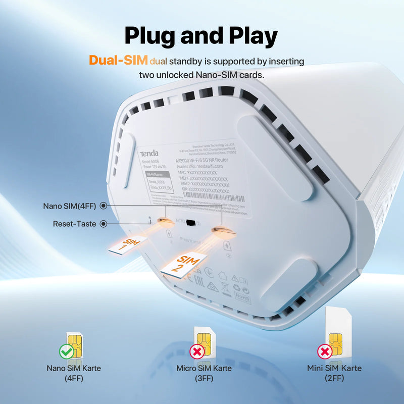 រ៉ោតទ័រស៊ីម Tenda 5G CPE AX3000 Wi-Fi 6 ម៉ូដឹម CPE ឥតខ្សែ WiFi Hotspot 5G/4G/3G ពហុរបៀប 2.4Ghz 5Ghz រ៉ោតទ័រអ៊ីនធឺណិតនៅផ្ទះ Mesh