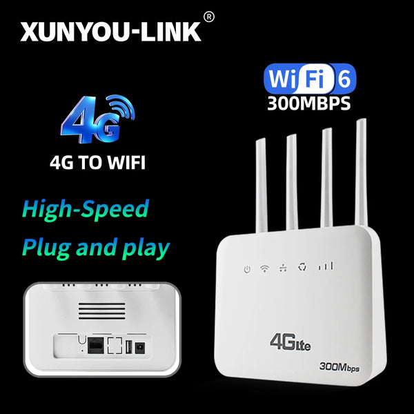 XUNYOU-LINK 4G LTE រ៉ោតទ័រវ៉ាយហ្វាយ WiFi 6 300Mbps ស៊ីមម៉ូឌឹមវ៉ាយហ្វាយឥតខ្សែគាំទ្ររ៉ោតទ័រវ៉ាយហ្វាយឧបករណ៍ 32 សម្រាប់អាស៊ីអាហ្វ្រិកអឺរ៉ុប