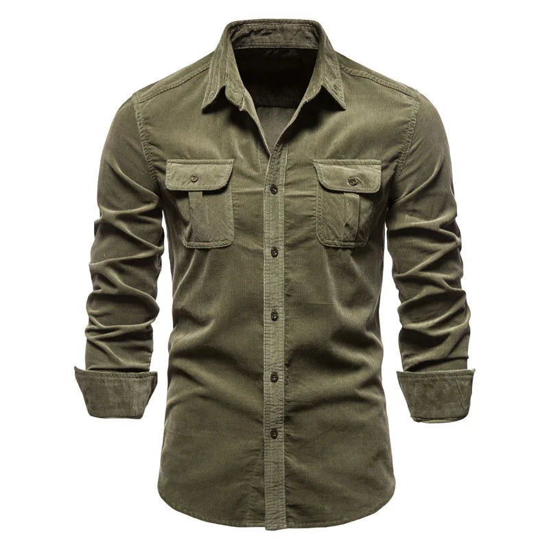 2027 New Men's Long-Sleeve Corduroy Shirt, Single-breasted Lapel, with Two Chest Pockets. Available in Gray, Blue, Green, Brown.
