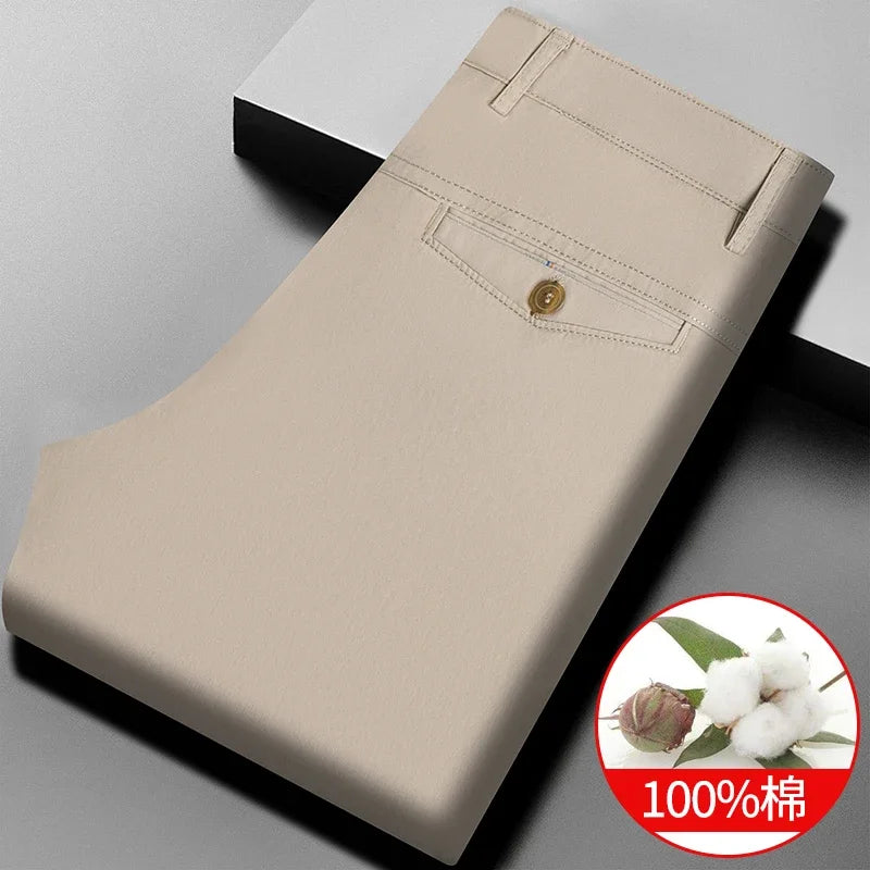 Men Cotton Straight Casual Chinos Soft Breathable Twill Fabric Zip Fly Side Slash Pockets Office Daily Commuting Long Bottoms