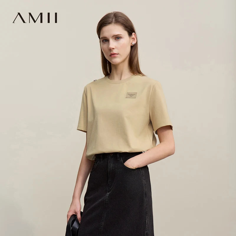 អាវយឺតកប្បាស Amii សម្រាប់នារី រដូវក្តៅ ឆ្នាំ២០២៦ កមូលថ្មី ធ្វើពីលោហៈ អាវធម្មតា រលុង ដៃខ្លី អាវយឺតនារី 12642014