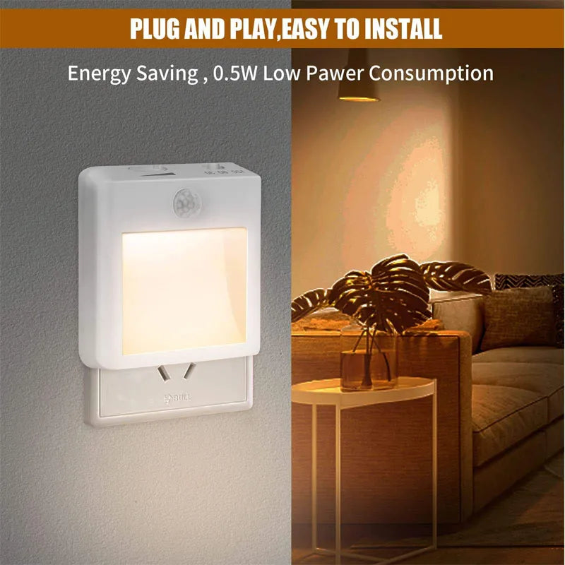 Plug in LED Motion Sensor Night Lights for Kids Bedroom Auto Dusk to Dawn Sensor Dimmable Stair Cabinet Bedside Kitchen Lamp