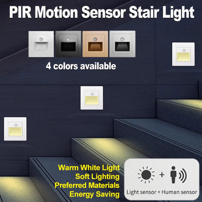 Infrared Human Sensor Stair Lights PIR Motion Sensor LED Night Light Recessed Wall Lamps Steps Hallway Staircase Bedroom