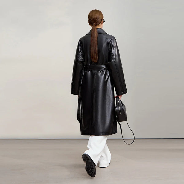 AMII Down Coats 2025 Winter New With Belt PU Leather Solid Long Down Jacket For Woman Warm Single Breasted Straight Top 12554039