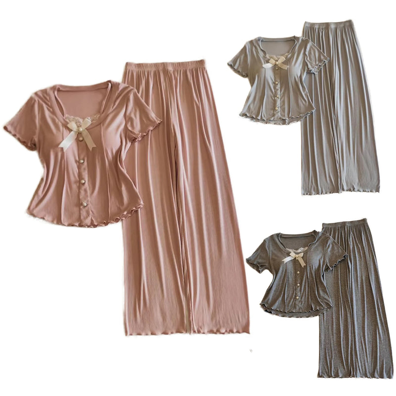 Summer Pajamas For Women New Elegant Modal Sleepwear Set Korean Bow Short Sleeve Trousers Sets Chest Pad Nightwear Home Suit