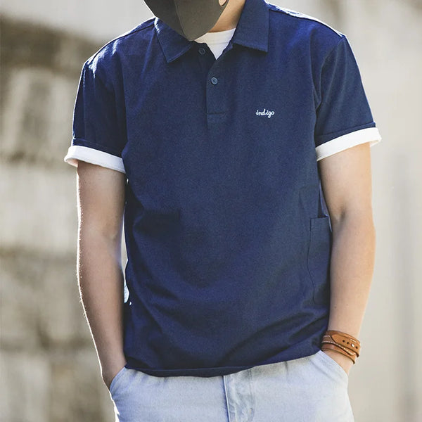 អាវយឺត Maden ជប៉ុនបុរាណ Indigo Lapel Polo សម្រាប់បុរស អាវយឺតដៃខ្លីពណ៌ខៀវ Klein 100% ធ្វើពីកប្បាស 100% សម្រាប់រដូវក្តៅ