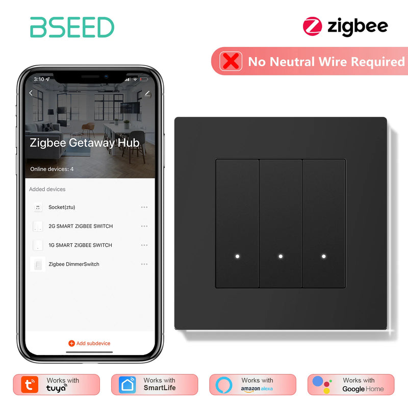 BSEED 1/2/3/4Gang Zigbee Light Switch Smart Click Button Switch Tuya Smart Life Alexa Control Plastic Frame Switch No Neutral