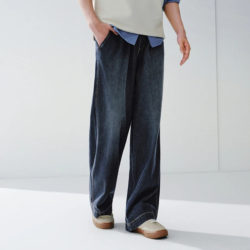 Semir Versatile Jeans Men 2026 Spring Loose Wide Leg Elastic Waist Basic Casual Comfortable Daily Wear Trousers