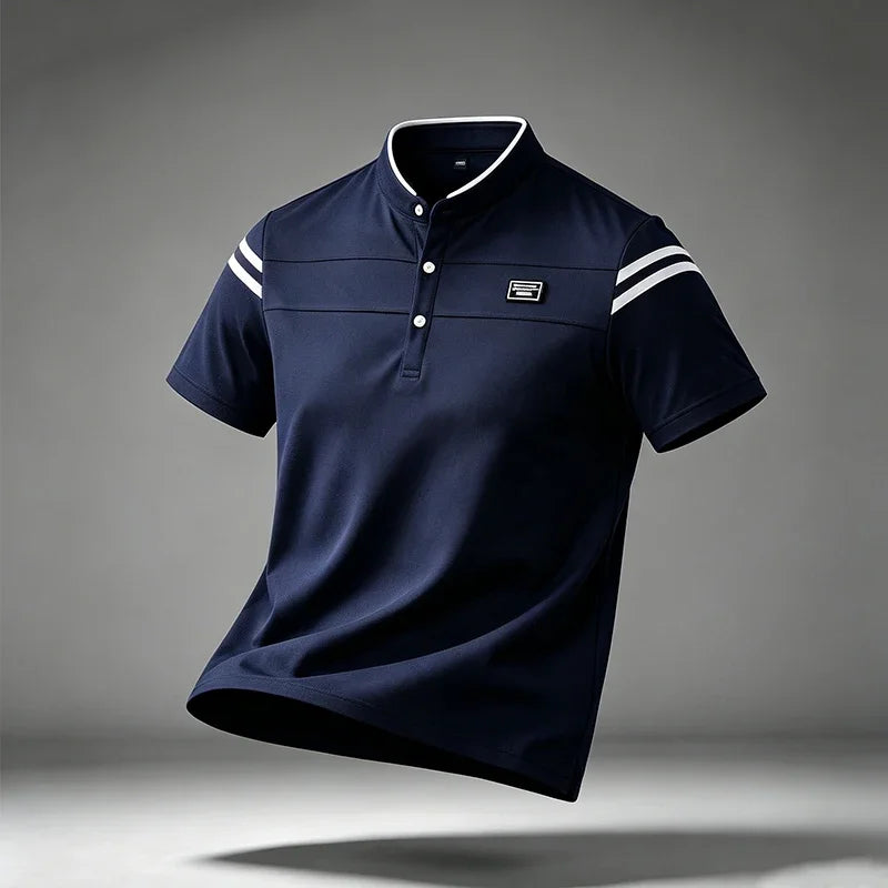 Mens Basic Stand Collar Short Sleeve Polo Top Sleeve Stripes Suitable For Vacation Short Trip And Multiple Leisure Scenes