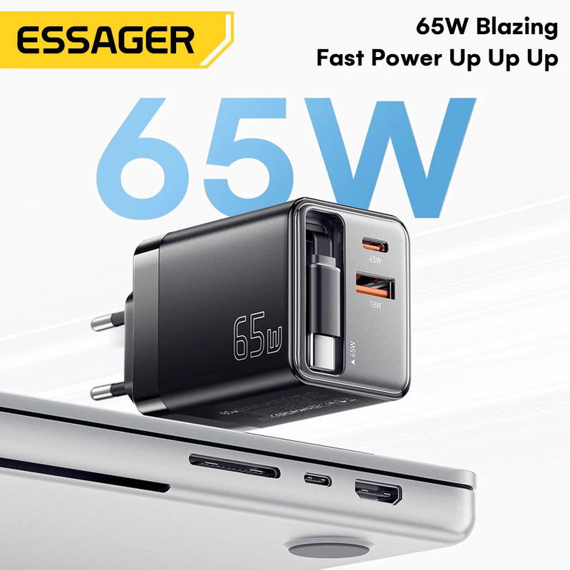 ឆ្នាំងសាក Essager 65W GaN ជាមួយខ្សែរ PD សាកថ្មលឿនសម្រាប់កុំព្យូទ័រយួរដៃ Macbook iPhone 17 16 15 Xiaomi Type-C ឆ្នាំងសាកទូរស័ព្ទ