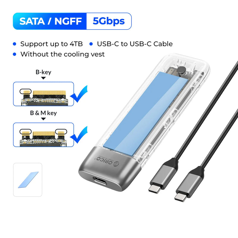 ORICO M.2 SSD Case NVME SATA SSD Enclosure Tool Free 10Gbps M.2 to USB Type C Transparent External Adapter Portable