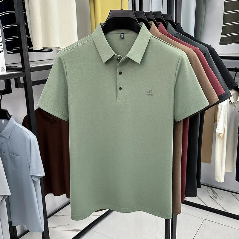 Mens Classic Short Sleeve Polo Shirt Lapel Style Chest Embroidery Detail Breathable Top For Daily Commute And Outdoor Use