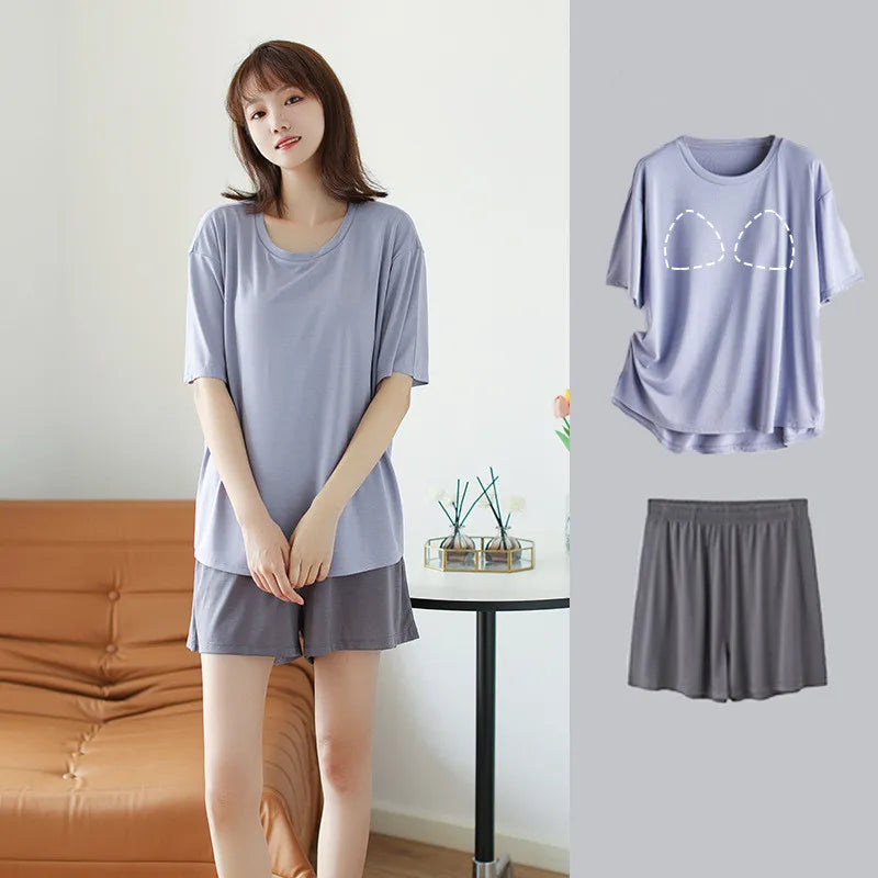 Fdfklak Casual Chest Pads Women Summer Pajamas Set Modal Short-Sleeved Cropped Pants Suits Outside Wear Sleepwear Home Clothes