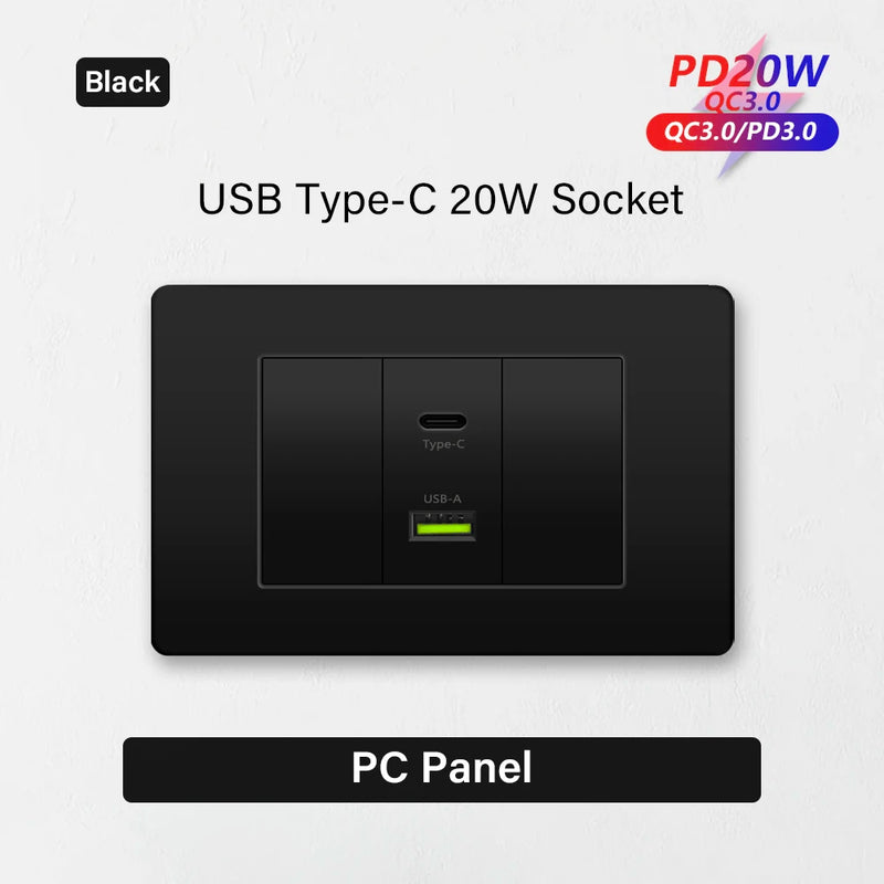 Korea Chile standard 20W Super Fast smart Charge Type C USB Port Power Wall Socket Plug,118*73mm Quick Charge electrical Outlet