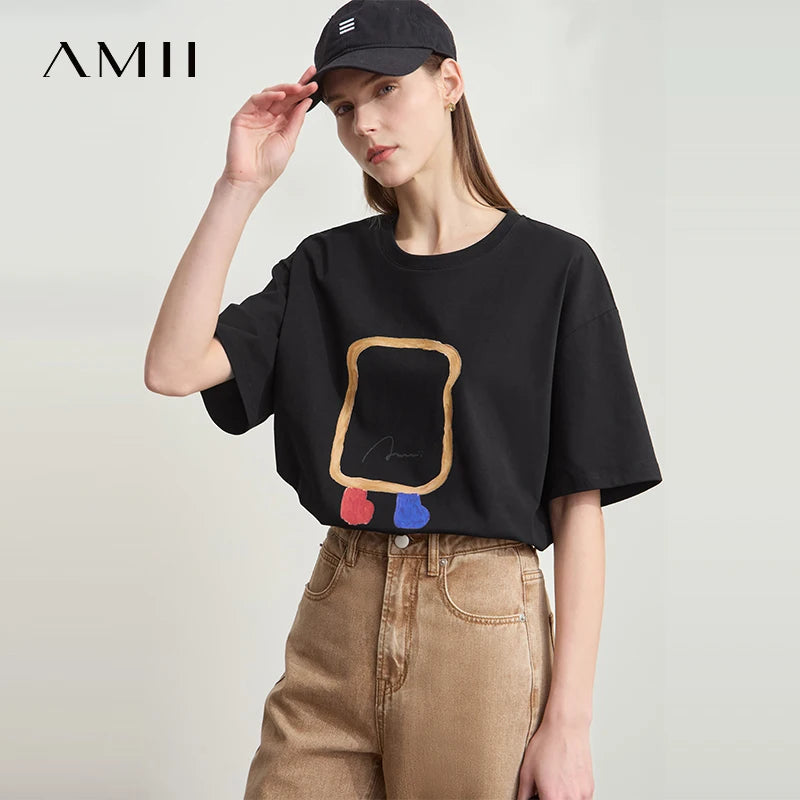 អាវយឺតរដូវក្តៅ AMII Minimalist សម្រាប់ស្ត្រី អាវយឺតដៃខ្លី O ក បោះពុម្ព នារី 2025 ម៉ូដថ្មី អាវយឺតរលុង 12542182