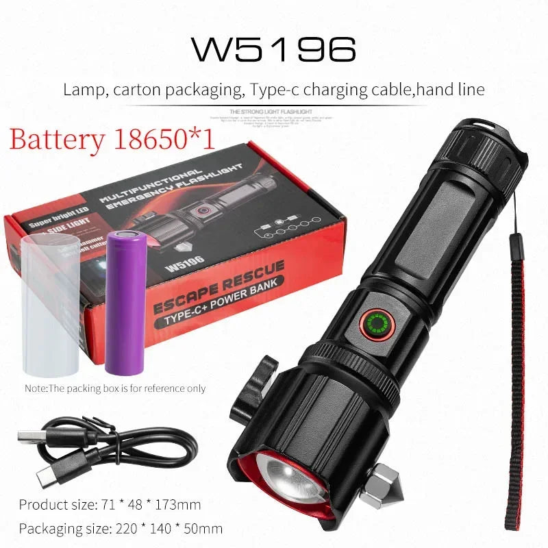 ពិល LED ពង្រីកថាមពលខ្ពស់ជាមួយការសាកថ្ម USB COB Safety Hammer ពហុមុខងារ ពិលឡាស៊ែរពណ៌សអាលុយមីញ៉ូមធន់នឹងទឹក