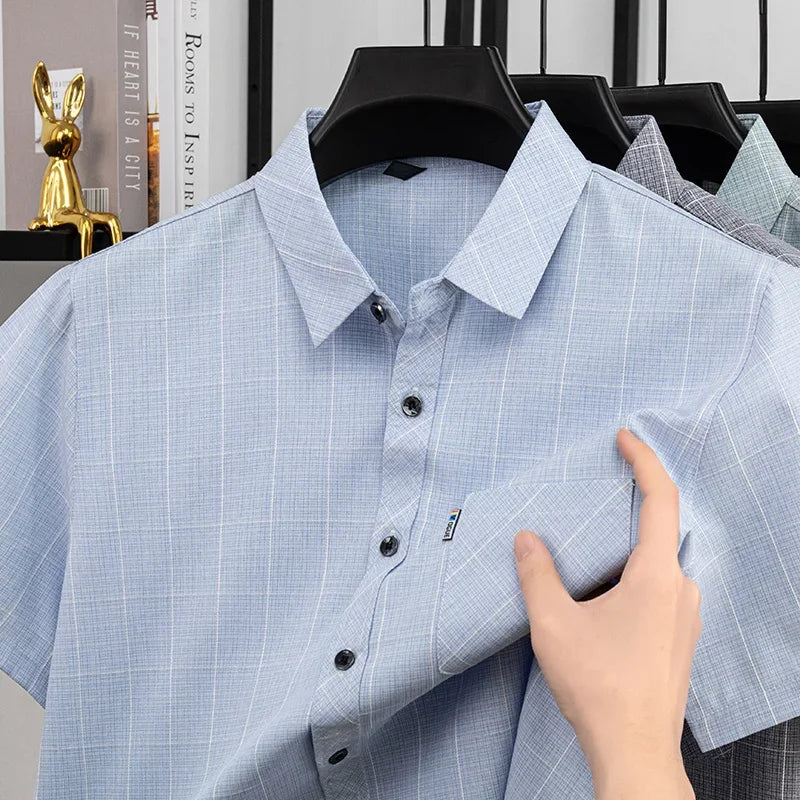 Mens Casual Plaid Short Sleeve Shirt Breathable Light Fabric Turn Down Collar Tops For Spring Summer Daily Wear