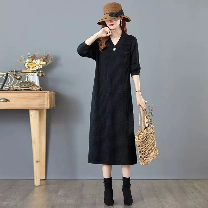 Vintage V Neck Long-Sleeve Pullover Dress New Knitting Woolen Sweater Women Long Jumper Middle Aged Mother Knitwear Clothes