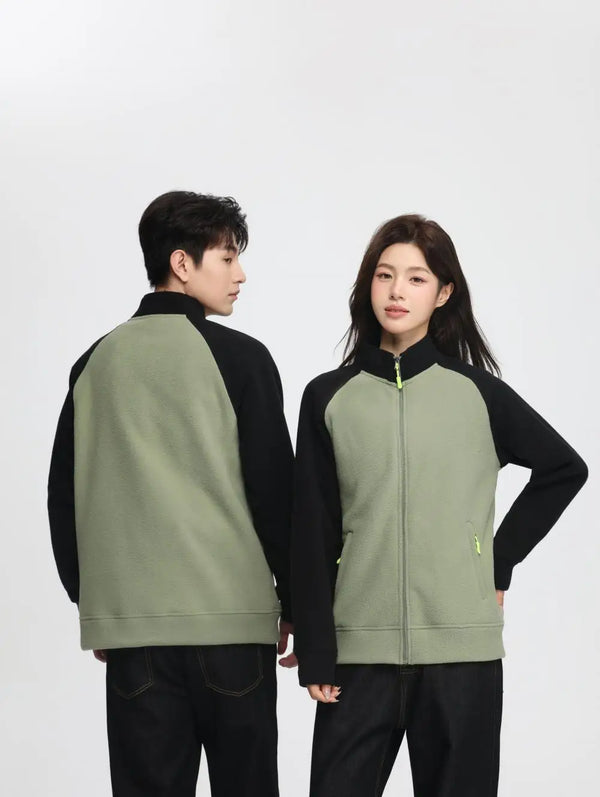 Standing collar zipper fleece sweater long-sleeved warm coat double-faced fleece with color-blocked lamb fur pullover cardigan