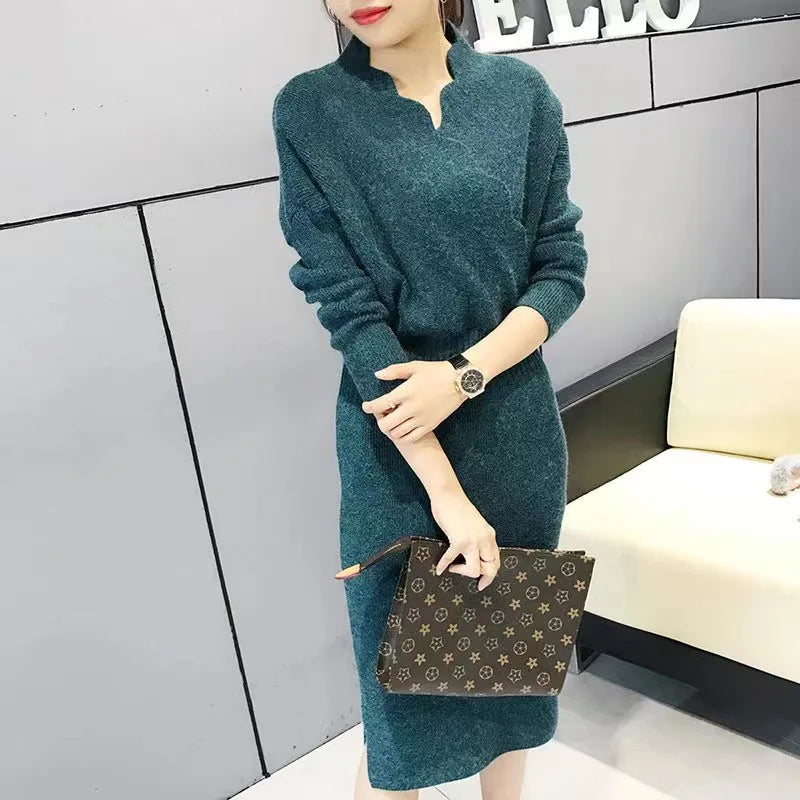 Pull Femme Autumn Winter Mid Length Slim Fit Knitted Dress Women's Wrap Buttocks Ruffled Sweater Fashion V Neck Pullovers