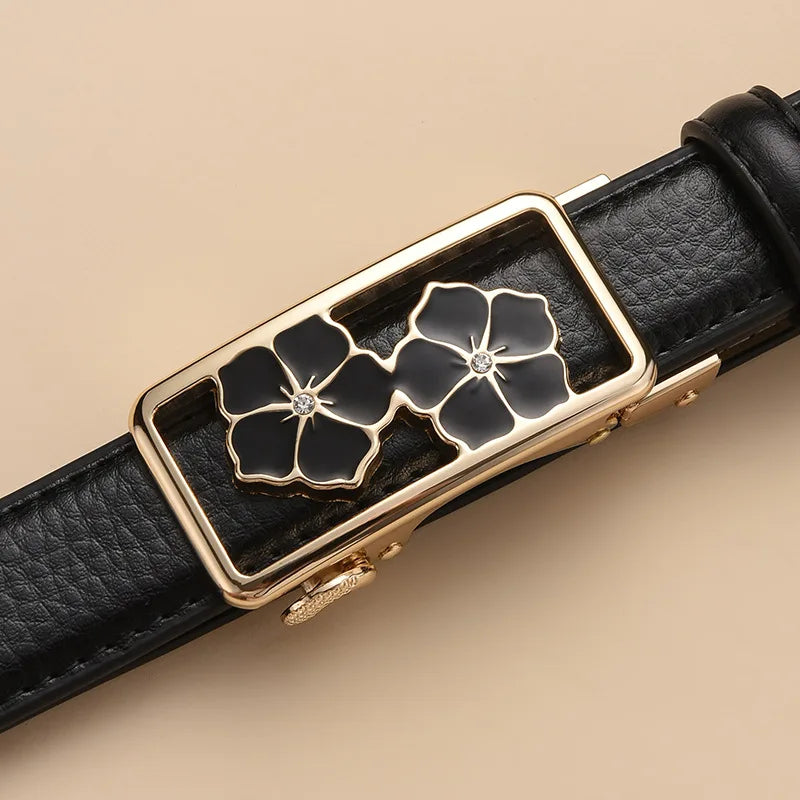 2027 New Women's Automatic Buckle Belts, Available in Red, White, and Black, Sizes 85 Cm–120 Cm.