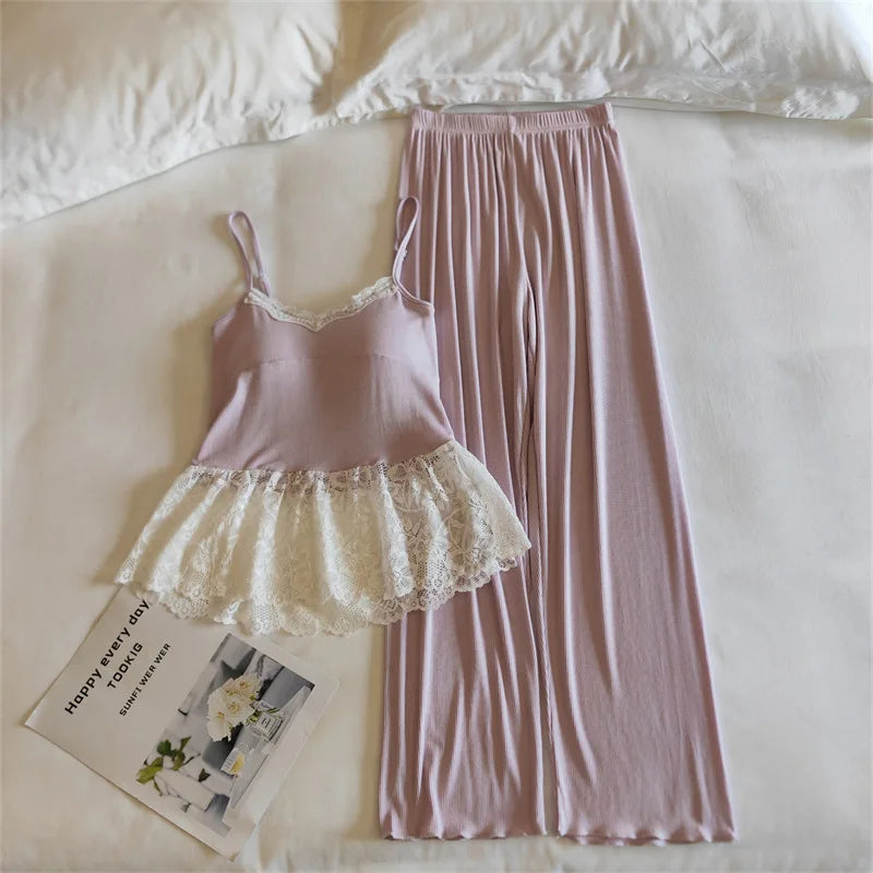Thin Women's Pajamas Chest Pad Sleeveless Tops and Long Pants Sleepwear 2 Piece Home Clothes Comfortable Loungewear Pijama Suit