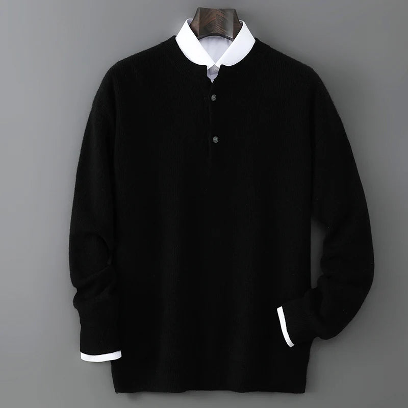 100% Wool Sweater, Round Neck Button Detail, Solid Jacquard Knit, Loose Fit Autumn Winter