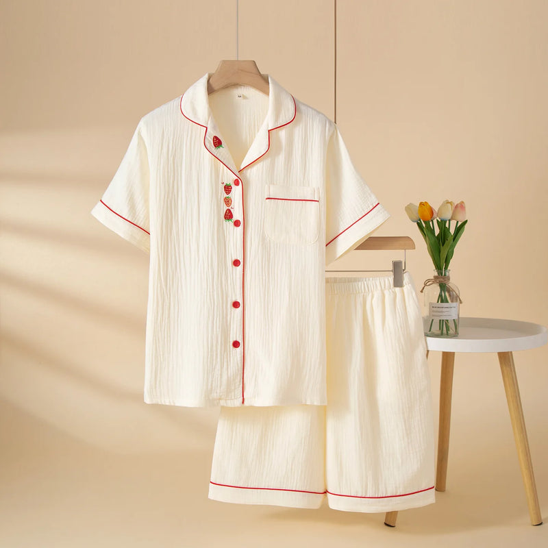 100% Cotton Pajamas for Woman Nightwear Cardigan Lapel Short Sleeve Top Two Piece Loungewear Sleepwear Women's Cotton Pijama