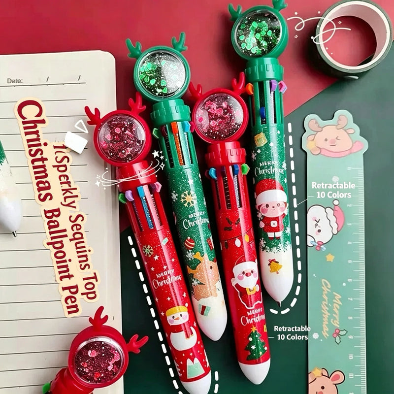 2026 Christmas Press-on Coloured Pens Ballpoint Pens Student Santa Press-on Ballpoint Pens Christmas Stationery 10 Colours 0.5mm