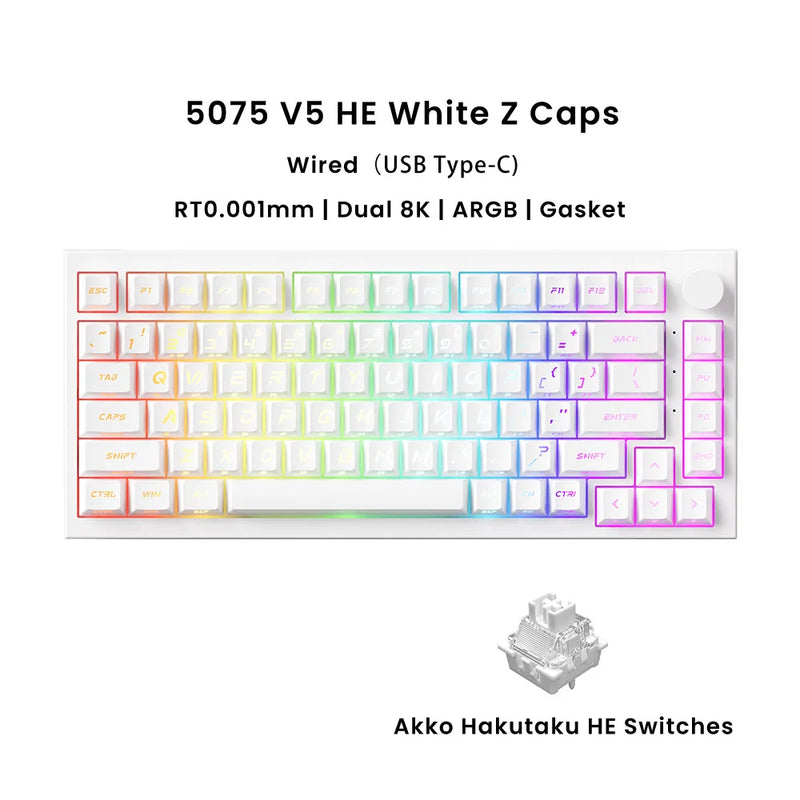 Akko Hall Effect Magnetic Keyboard 5075 V5 75% RT0.001mm 8K USB Type-C/2.4g&BT5.0 Wireless ARGB Custom Gamer Keyboard Gasket