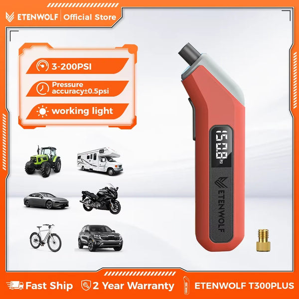ឧបករណ៍វាស់សម្ពាធសំបកកង់ ETENWOLF T300 Plus 200 PSI អេក្រង់ LED ភ្លឺ ឧបករណ៍វាស់សម្ពាធសំបកកង់ឌីជីថលសម្រាប់សម្ពាធសំបកកង់ជាមួយអាដាប់ទ័រវ៉ាល់ Presta