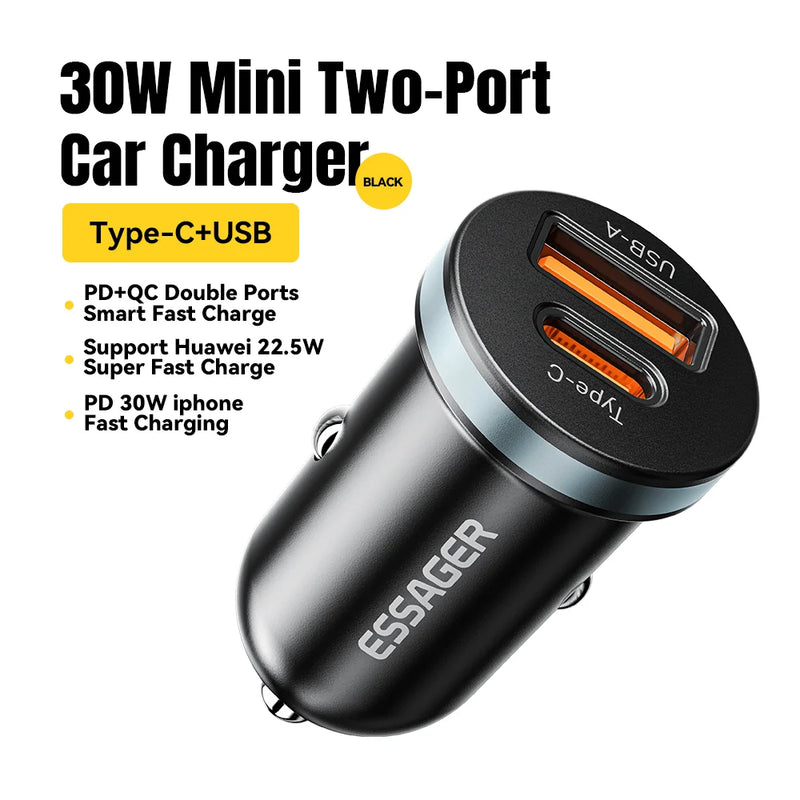 ឆ្នាំងសាករថយន្ត Essager 30W USB C ប្រភេទ C ឆ្នាំងសាករហ័ស PD QC 3.0 SCP 5A សាកថ្មលឿនសម្រាប់ទូរស័ព្ទ iPhone Xiaomi Samsung