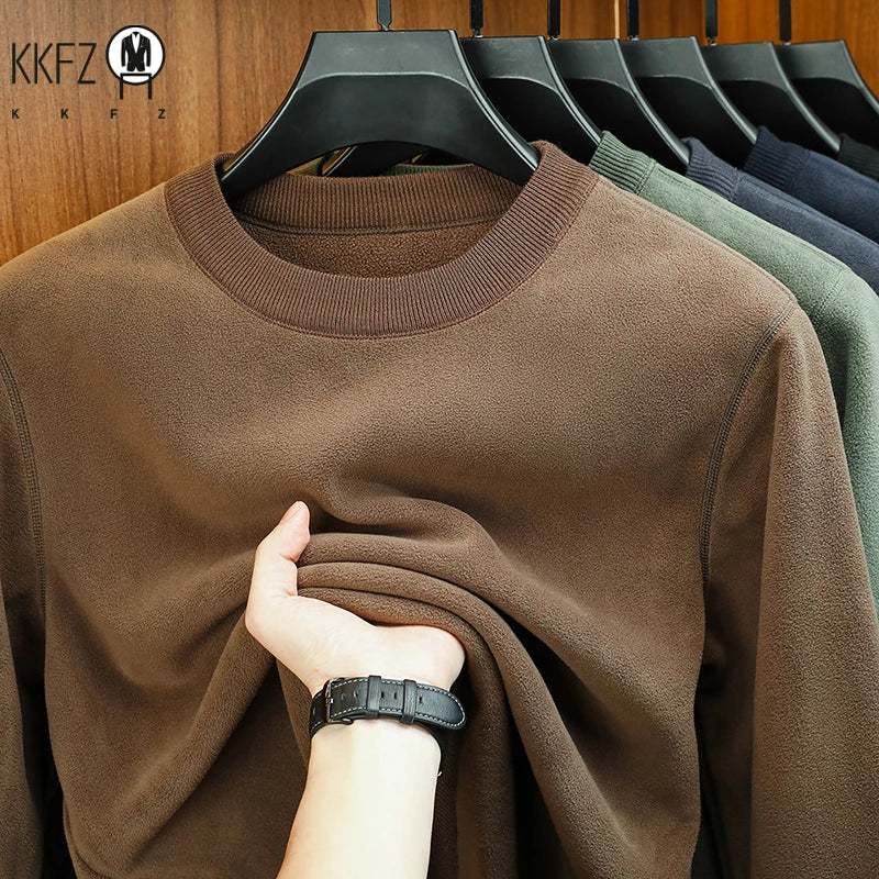 Men's Velvet Hoodie, Long Sleeve Round Neck Monochromatic Casual Versatile Top Autumn Winter Fashion